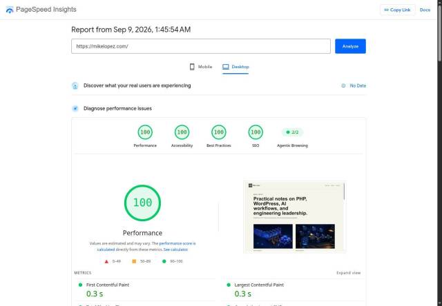 PageSpeed Insights desktop report for mikelopez.com showing 100 for Performance, Accessibility, Best Practices, and SEO