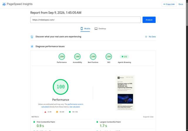 PageSpeed Insights mobile report for mikelopez.com showing 100 for Performance, Accessibility, Best Practices, and SEO