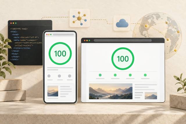Screenshot-inspired mobile and desktop performance reports showing scores of 100