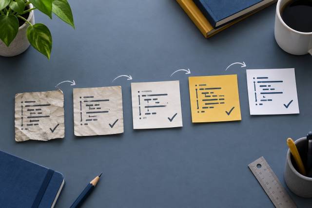 A measured sequence of paper code notes progressing from worn to clean
